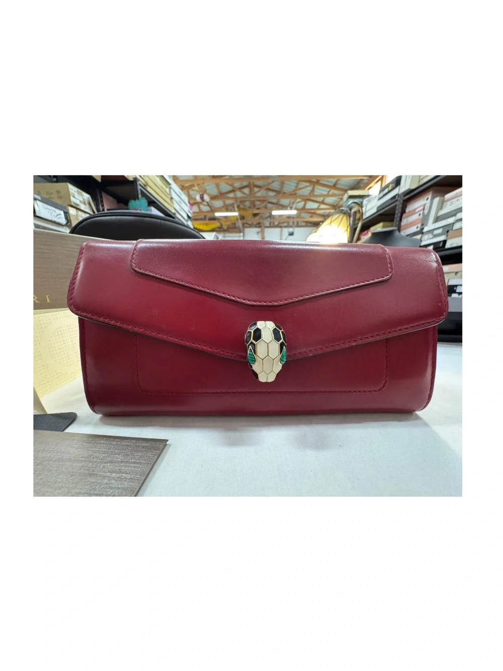 Bvlgari Ruby Rose Serpenti Envelope Clutch with Snakehead Clasp Full Inclusion